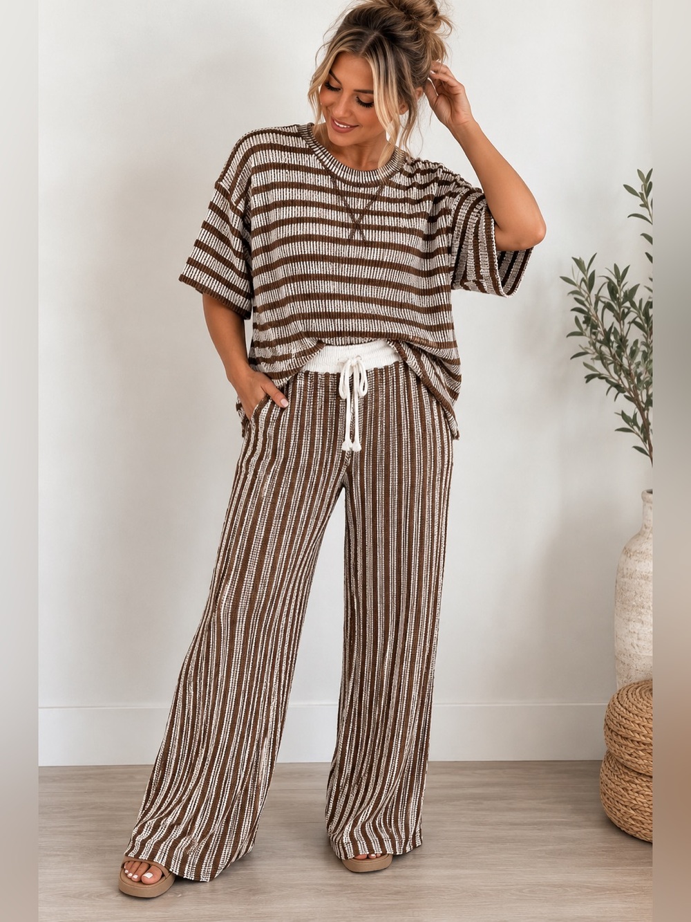 Zenana NWT Ribbed Striped Wide Leg Pant Set with Oversized top